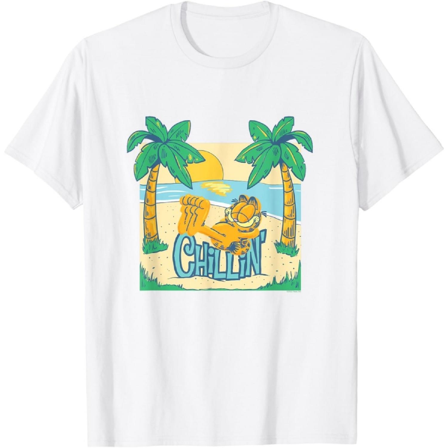 Garfield Chillin  at the Beach Summertime Cartoon Cat T-Shirt S
