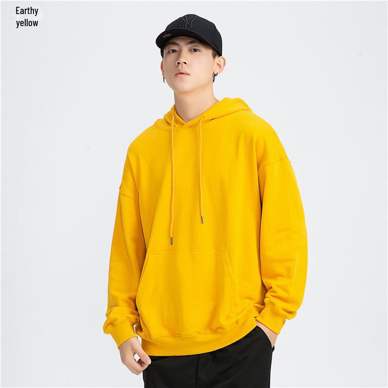 Men's Trendy Oversized Terry Hoodie - Solid Color, Drop Shoulder, Hong Kong Style Logo.