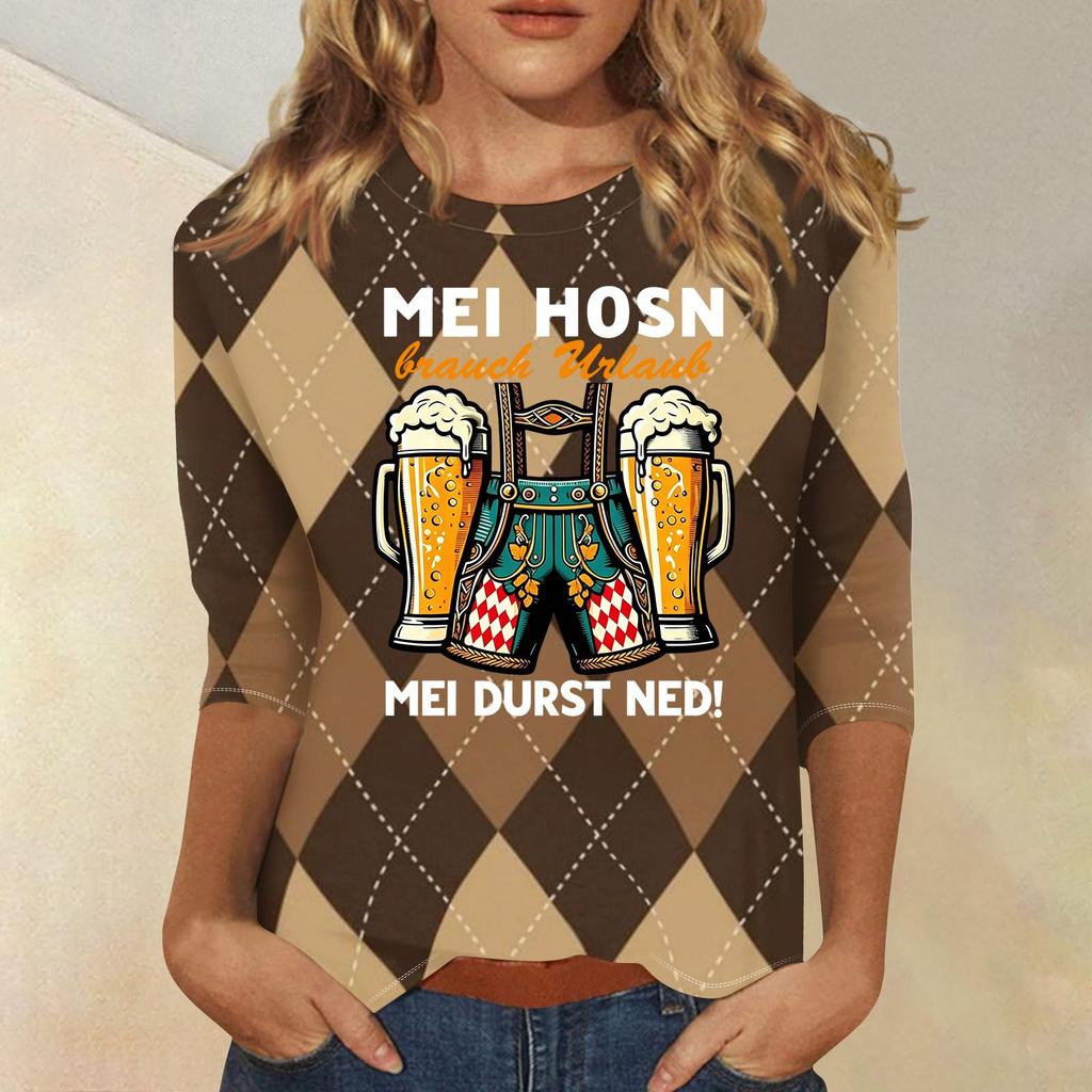Women's Casual Three Quarter Sleeve Round Neck Shirt Oktoberfest Print Lightweight Comfortable Fit Top for Everyday Wear