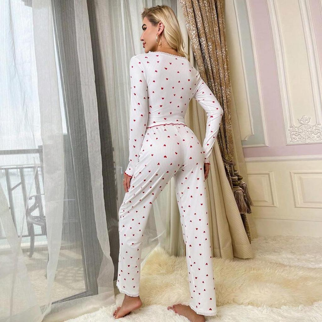 Women's Long-Sleeve V-Neck Heart Pajama Set - Wearable Outdoors