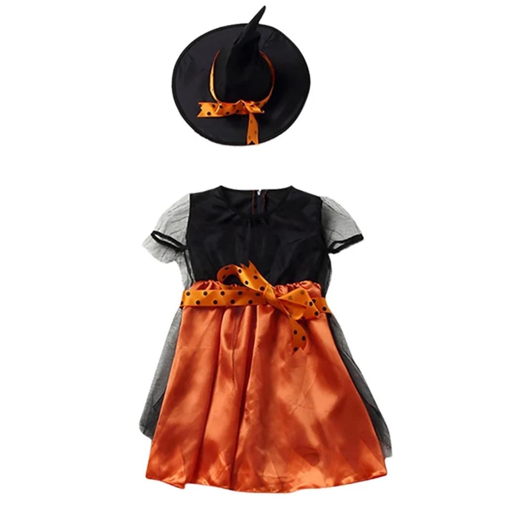 Halloween Girls Dress Printed Dress Witch Role Play Cosplay Costume Masquerade Costume With Hat