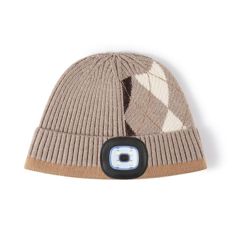 Warm Ribbed Knit Beanie with LED Light Argyle Pattern USB Rechargeable for Hiking Cycling Factory Supply the North Beanie CAP 20*22cm