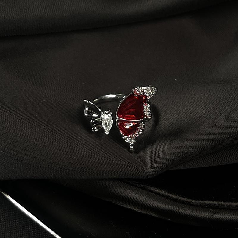 Butterfly Dripping Oil Open Ring, Personality, Niche Design, Cold Wind Ring, Stacked Index Finger Ring, Female