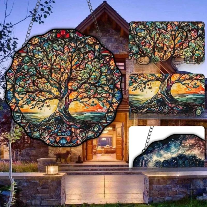 1pc Acrylic Creative Life Tree Ornament Double Sided Painted Wall Glass Window Decoration Hanging Round Design Pendant Gifts