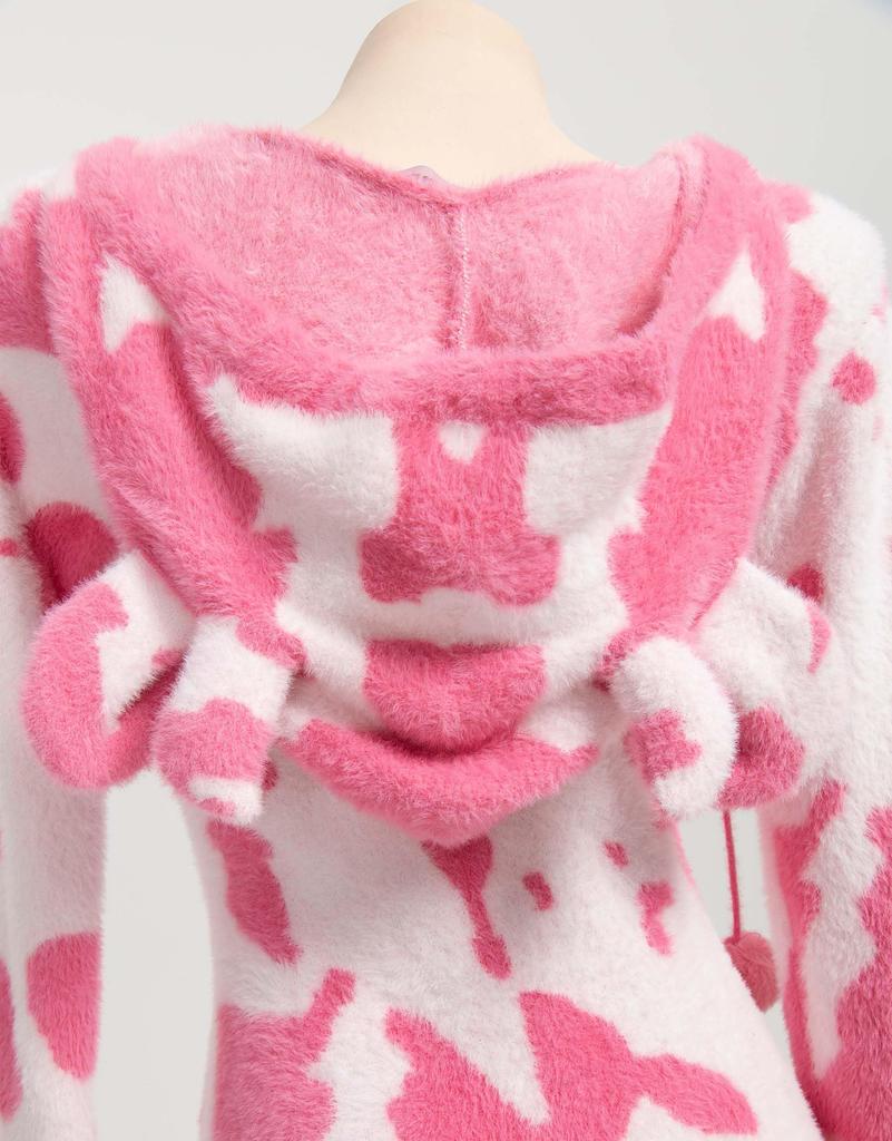 Mobbunny Piękny Cosplay Uroczy Strój Mleczarki Długi Różowy Kostium Damski, Anime/Gra/Odzież Domowa/Piżama, Body, Trykot, Bluza z Kapturem, Dekolt w Serek w Stylu Krowim,