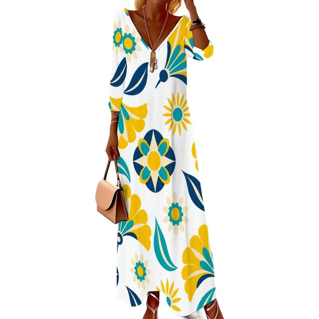 Women Plus Size V Neck Three Quarter Sleeve White Purple Floral Printed Long Dress