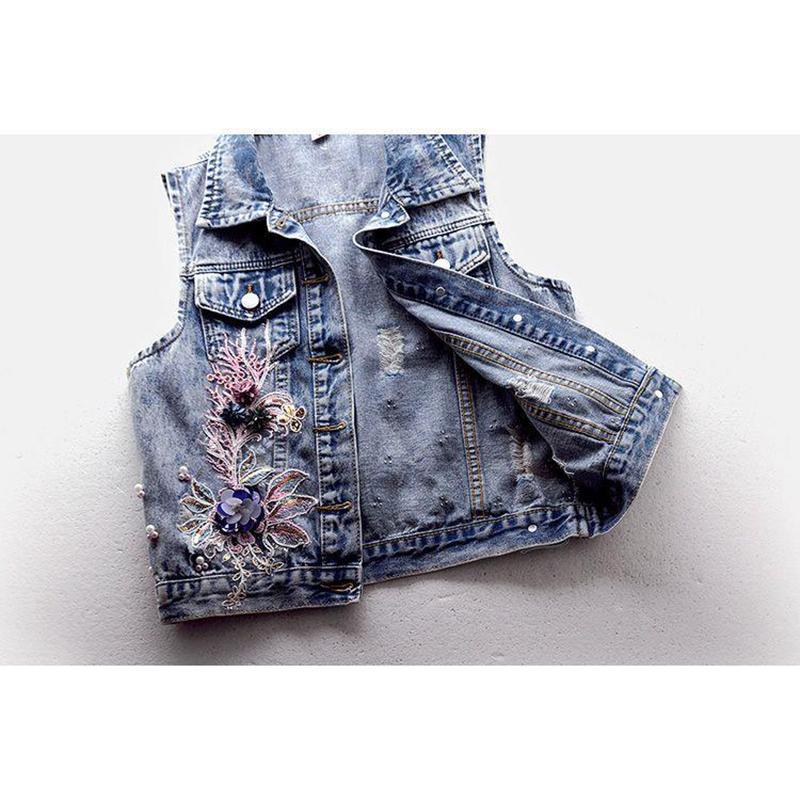 Denim Weste Damen Kurze Herbst Patch Perlen ärmellose Student Tops