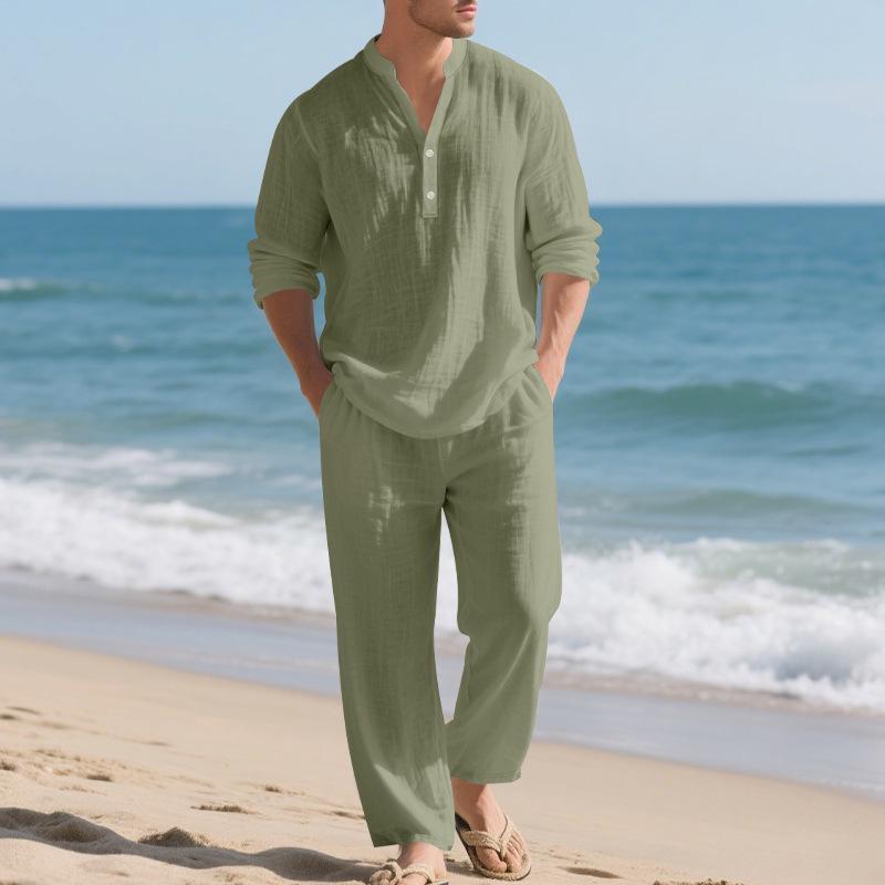 2026 Men's Casual Loose Fit Linen Sports Suit with Long Sleeves