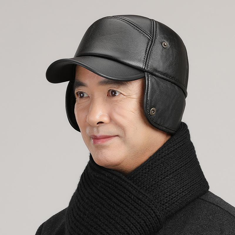 Men's autumn and winter ear protection hat, warm cotton hat, old man hat, father leather cap, cold-proof baseball cap