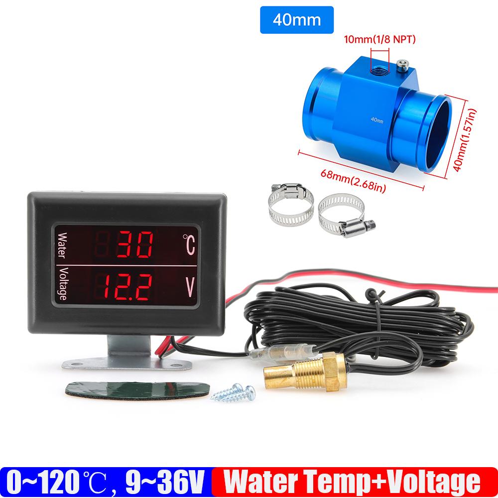 2 IN 1 Auto Car Digital 0~120℃ Water Temperature Gauge+Voltmeter 9-36V Water Temp Sensor Adapter 26MM-40MM for Auto Car Truck