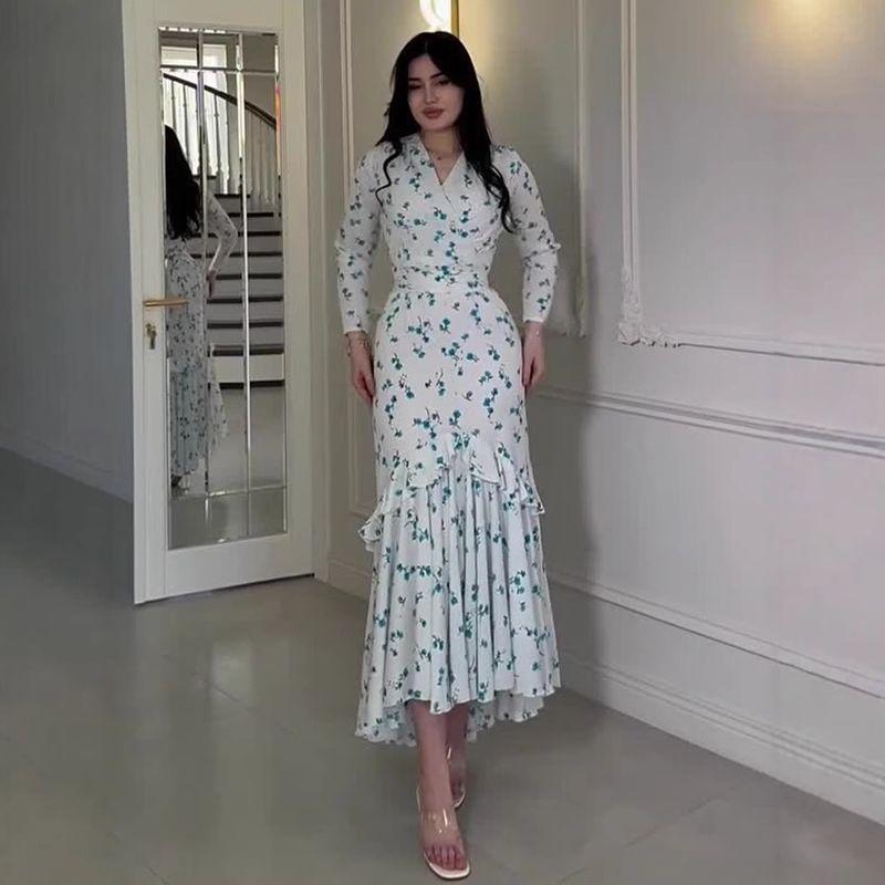 

Gentle Style Fresh Floral Frill Long Dress Women Length Dress Light blue S