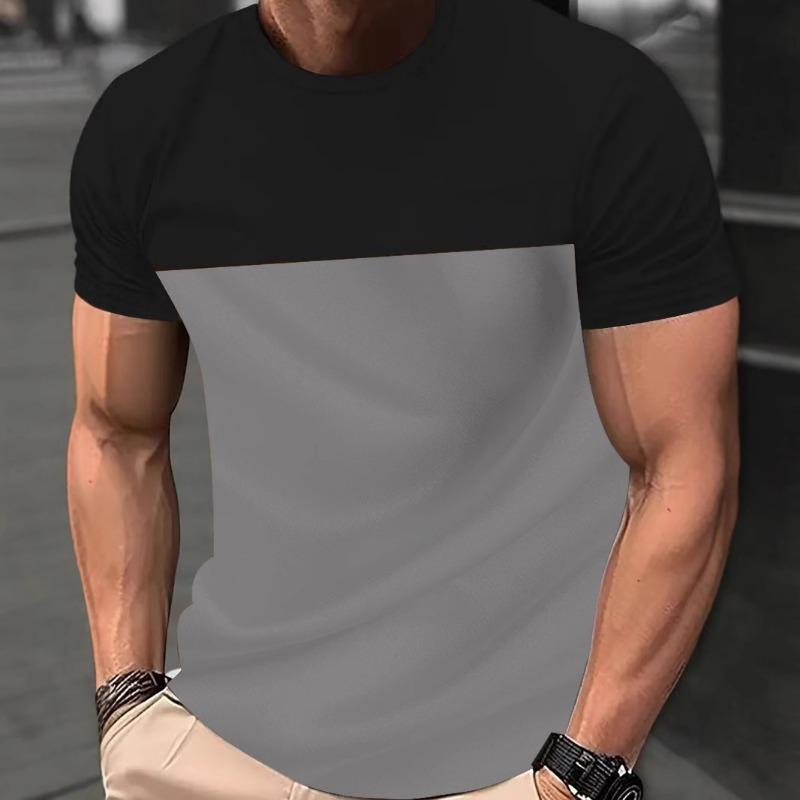 

Летняя мужская футболка с коротким рукавом для занятий спортом на открытом воздухе и фитнесом в стиле casual с цветными блоками M серый