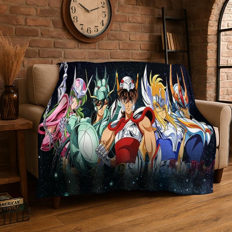 Retro Saint Seiya Anime Cartoon Flannel Blanket Soft Warm Throw Blanket for Bedroom Living Room Bed Travel Camping Picnic Gift
