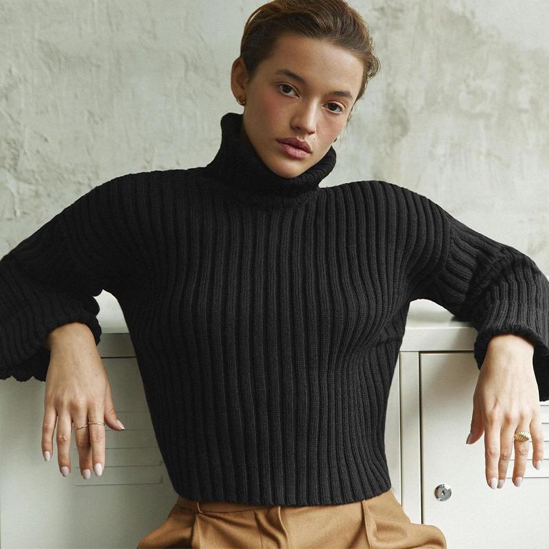 Rollkragenpullover für Damen, einfarbig, gestreift, lässiges Oberteil, verkürzte, ausgestellte Ärmel, Strickpullover