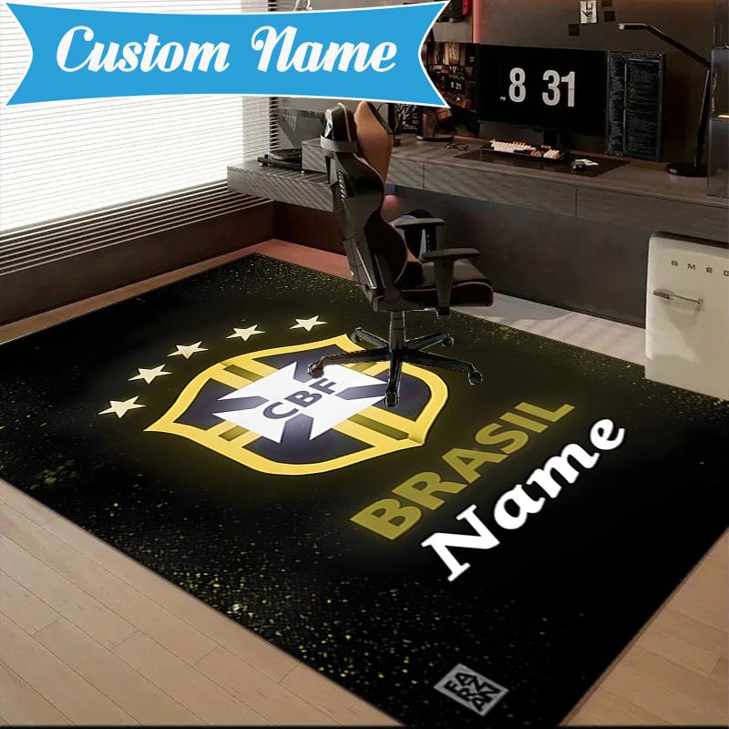 Custom Name Brasilian Pride Emblem Rug Game Carpet, Floor Mat for Bedroom Living Room Entryway Rug, Home Decor Idea Gift for Christmas birthday