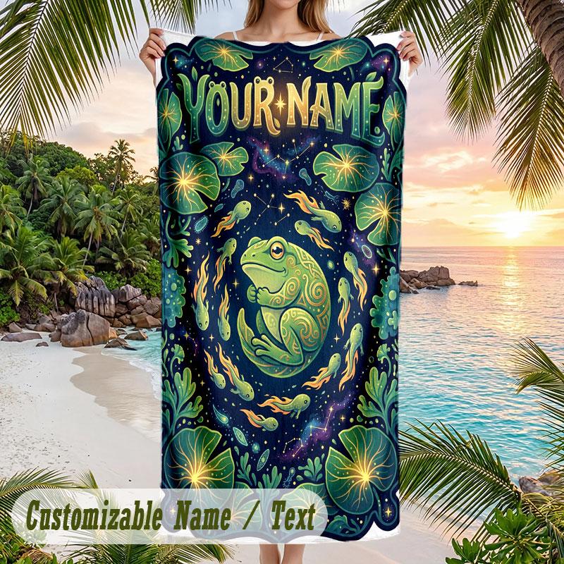 Frog Lotus Fantasy Theme Quick Dry Beach Towel Custom Name Text Print Large Sand Resistant Towel Beach Vacation