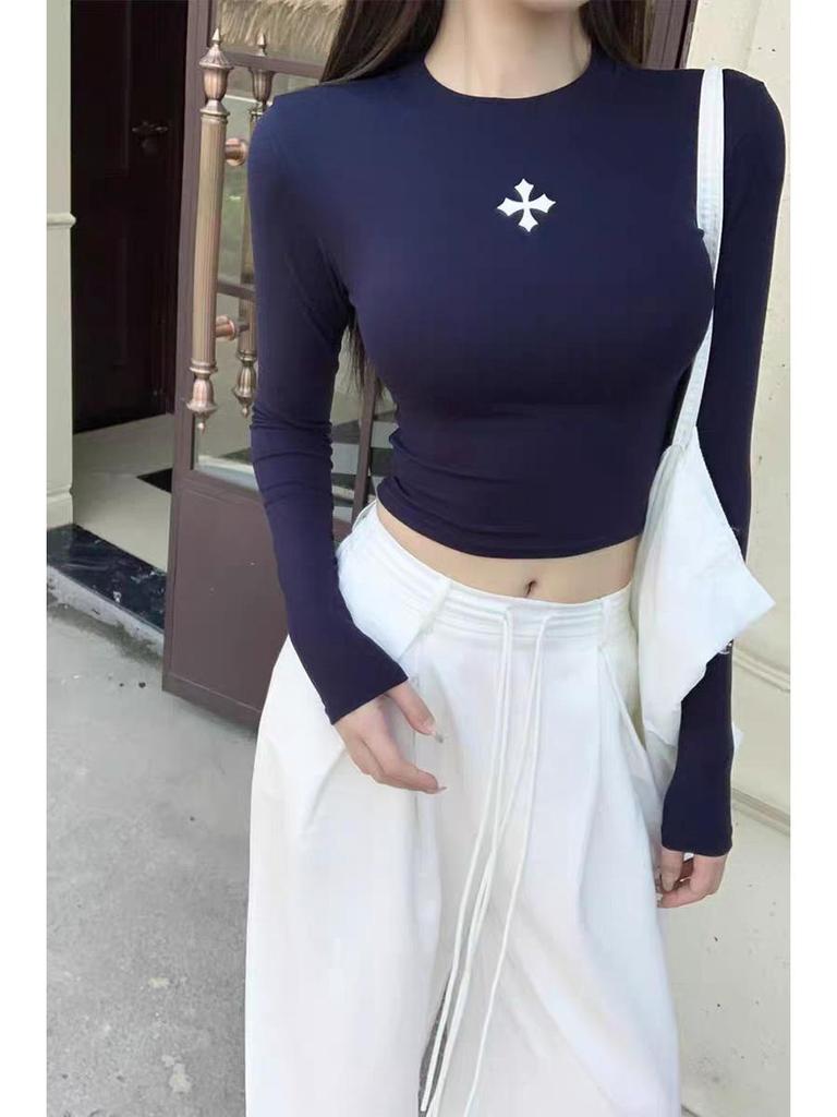 2025 Autumn/Winter Retro Cross Long Sleeve Round Neck Cropped Slimming Women's T-shirt