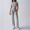 Women's Slim Fit Two Piece Outfit Set Short Sleeve Crew Neck Crop Top Drawstring Waist Straight Leg Solid Tracksuit Loungewear
