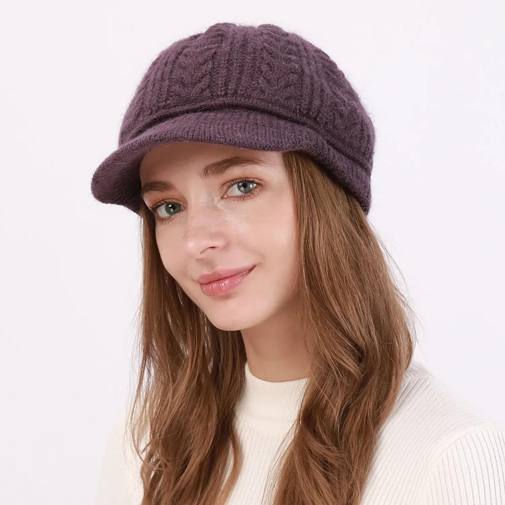 High Quality Wool Women Winter Warm Slouchy Cable Knit Beanie Skull Beret Hat With Visor Outdoor Thicken Lady Bonnet Gorros