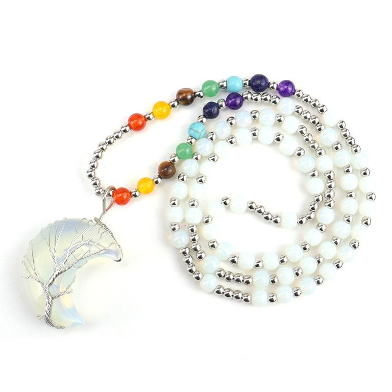 New Gold Plated Copper Wire-wrapped Moon Natural Stone Lucky Tree Necklace Colorful Bead Sweater Chain N563
