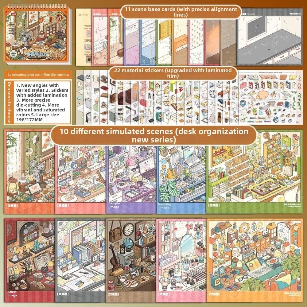 PET Die Cut Workbenches Scene Stickers 11 Scenes Miniature Scene Sticker Desktop Sticker Kid Gifts A-13.0