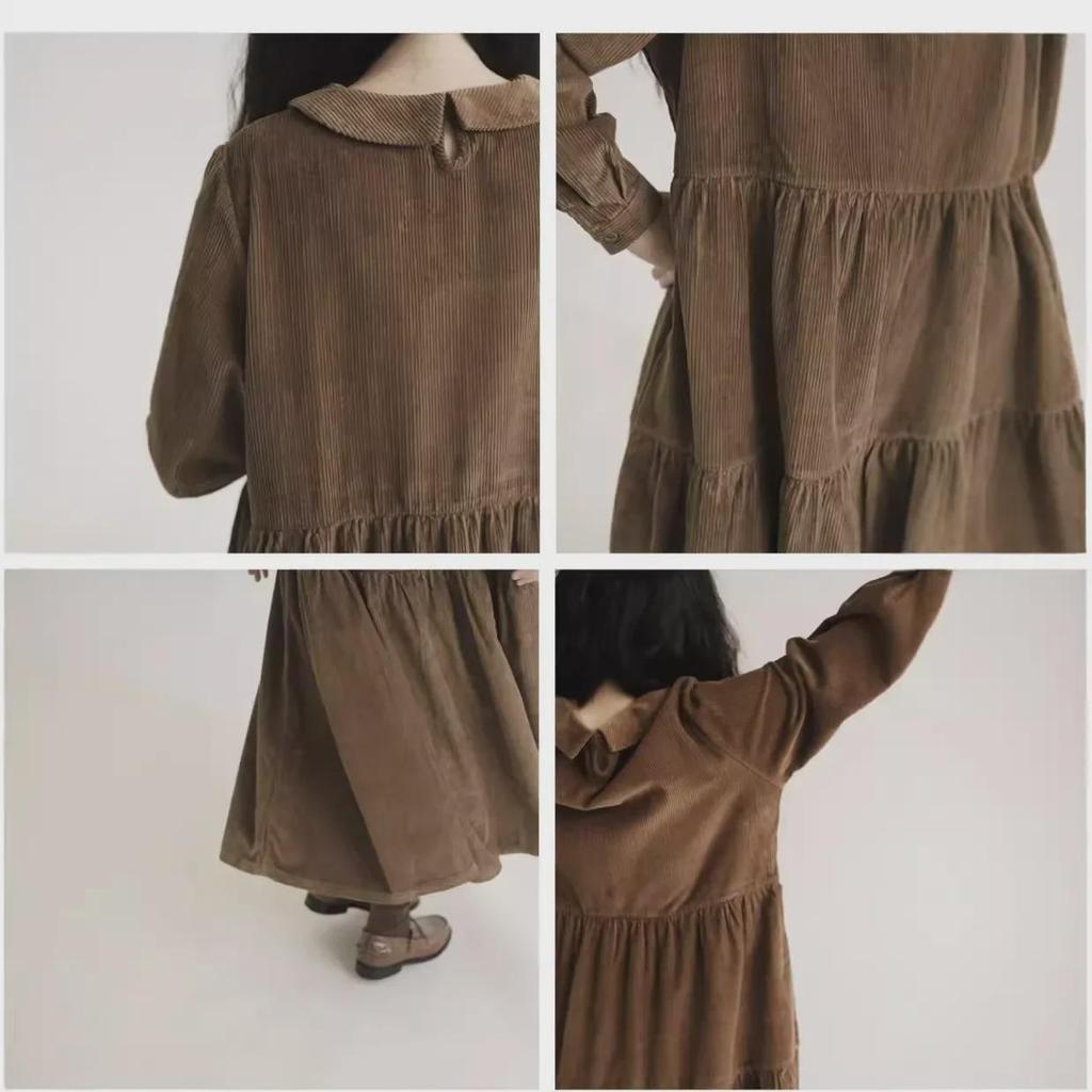 Vestido Acampanado de Manga Larga con Cuello de Muñeca de Pana Estilo Japonés