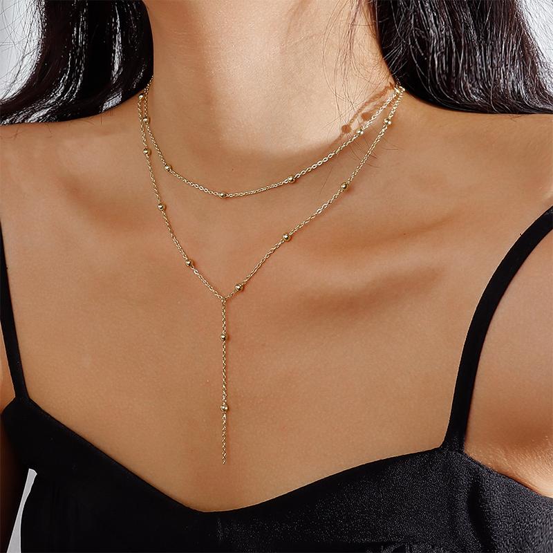 New Trendy 925 Silver Double Layer Bead Necklace Long Pendant Tassel Neckchain For Women Fine Jewelry Accessories Gift