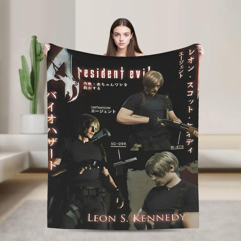 Leon Kennedy Resident 4 Remake Blankets Fleece Video Game Eviled Super Warm Throw Blankets for Bedroom Sofa Bed Rug