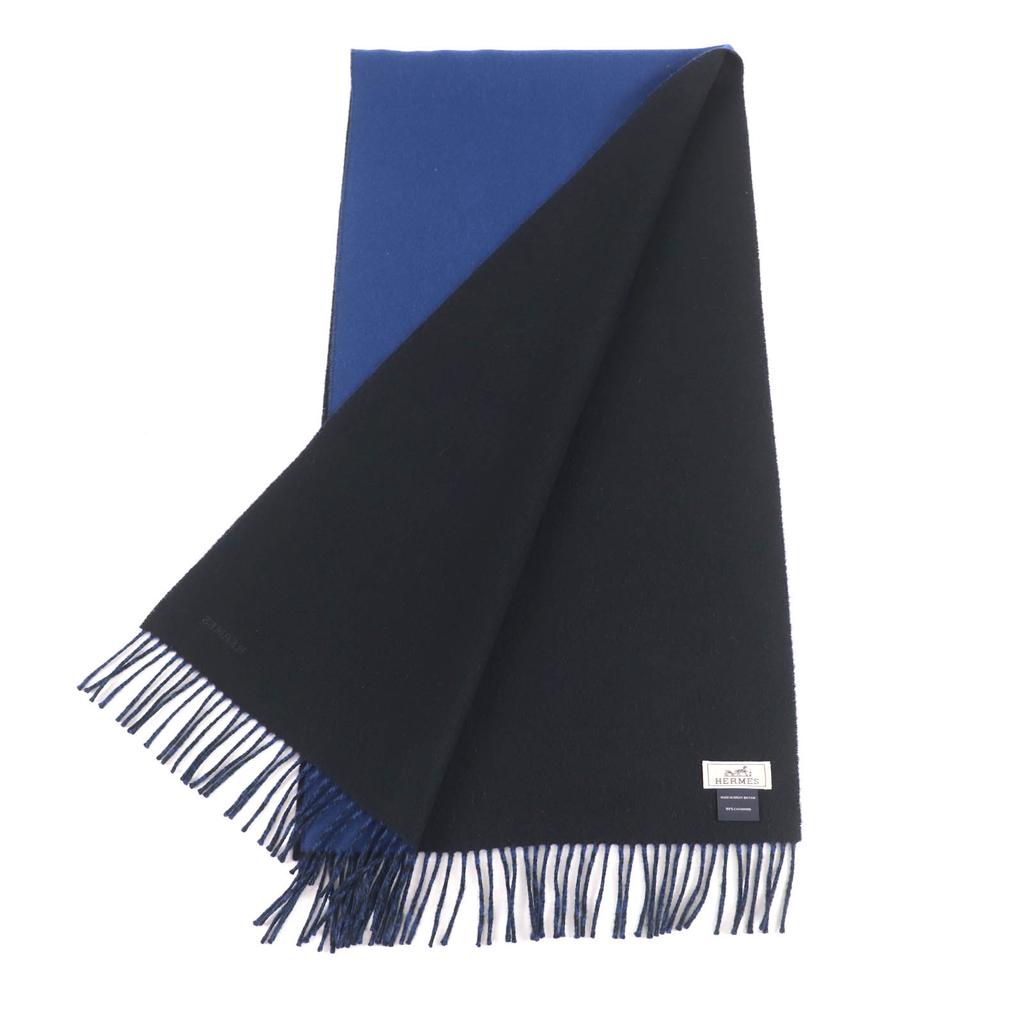 Great HERMES Scarf Recto Verso Embroidered logo and fringe scarf cashmere mens Used