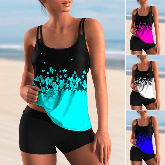 

2 шт./комплект женский купальник контрастного цвета цветочный принт двухсекционный тонкий беспроводной купальник XL белый