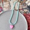 Candy Color Dopamine Heart Pendant Necklace Glass Beaded Beads Neck Chain Choker Necklace  For Girl
