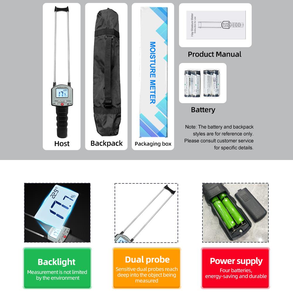 Hay Moisture Meter 0-80% Digital Backlight Display Humidity Content Tester for Guinea Grass Clover Soap Wort Wheat Straw