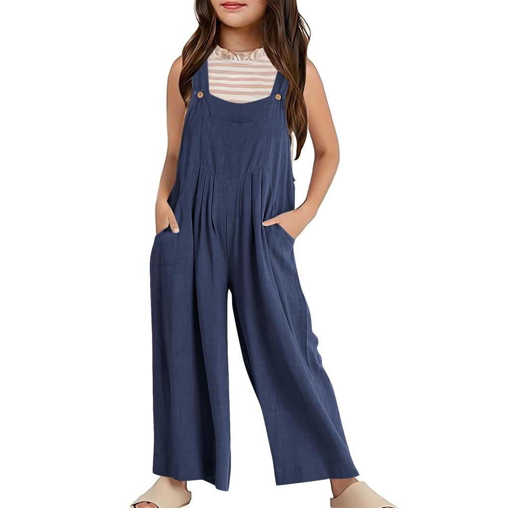 Summer Kids Solid Color Casual Strap Romper Pocket Girls Loose Romper
