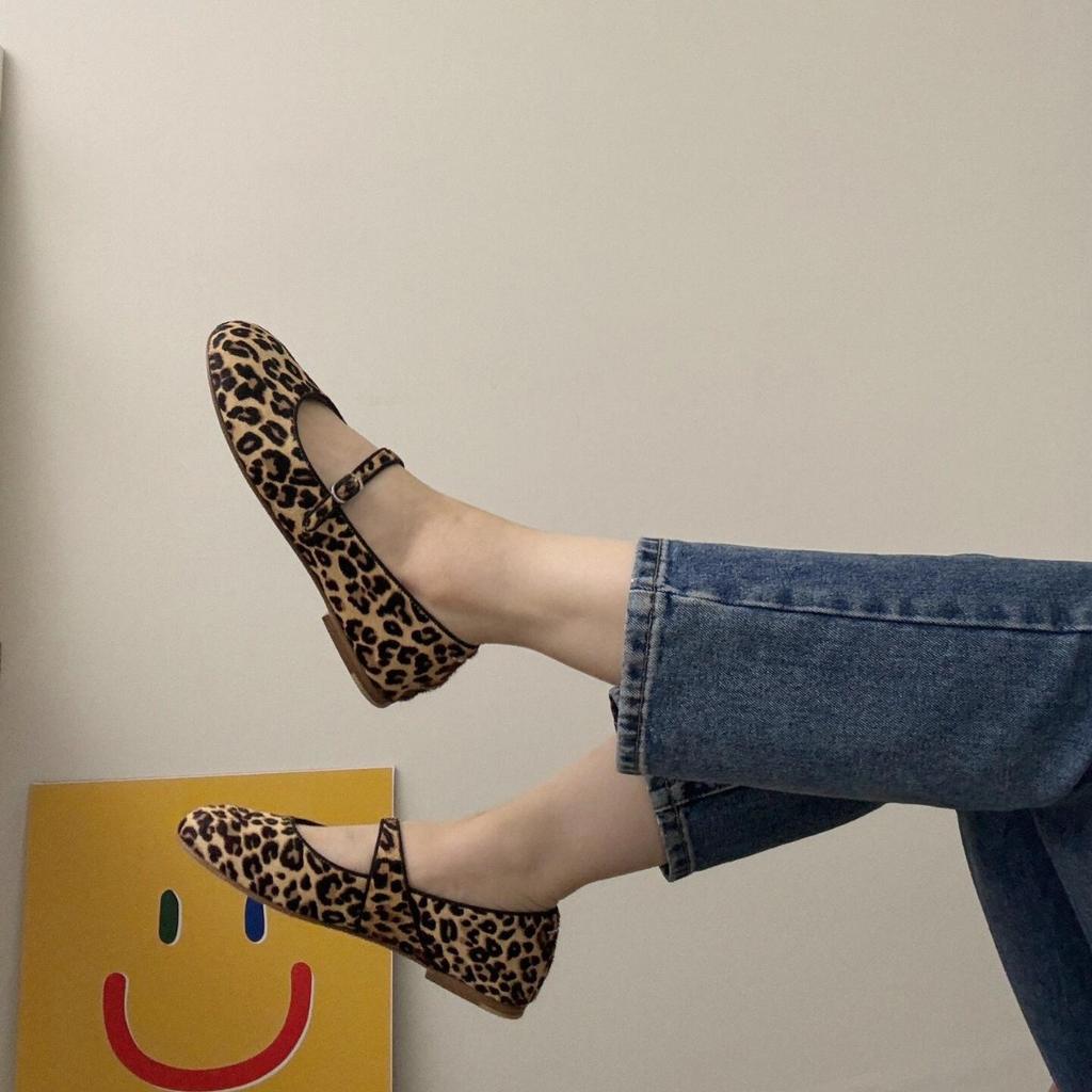 Leather French leopard print round head one-word buckle with Mary Jane single shoes women's 2025 new spring ballet flats