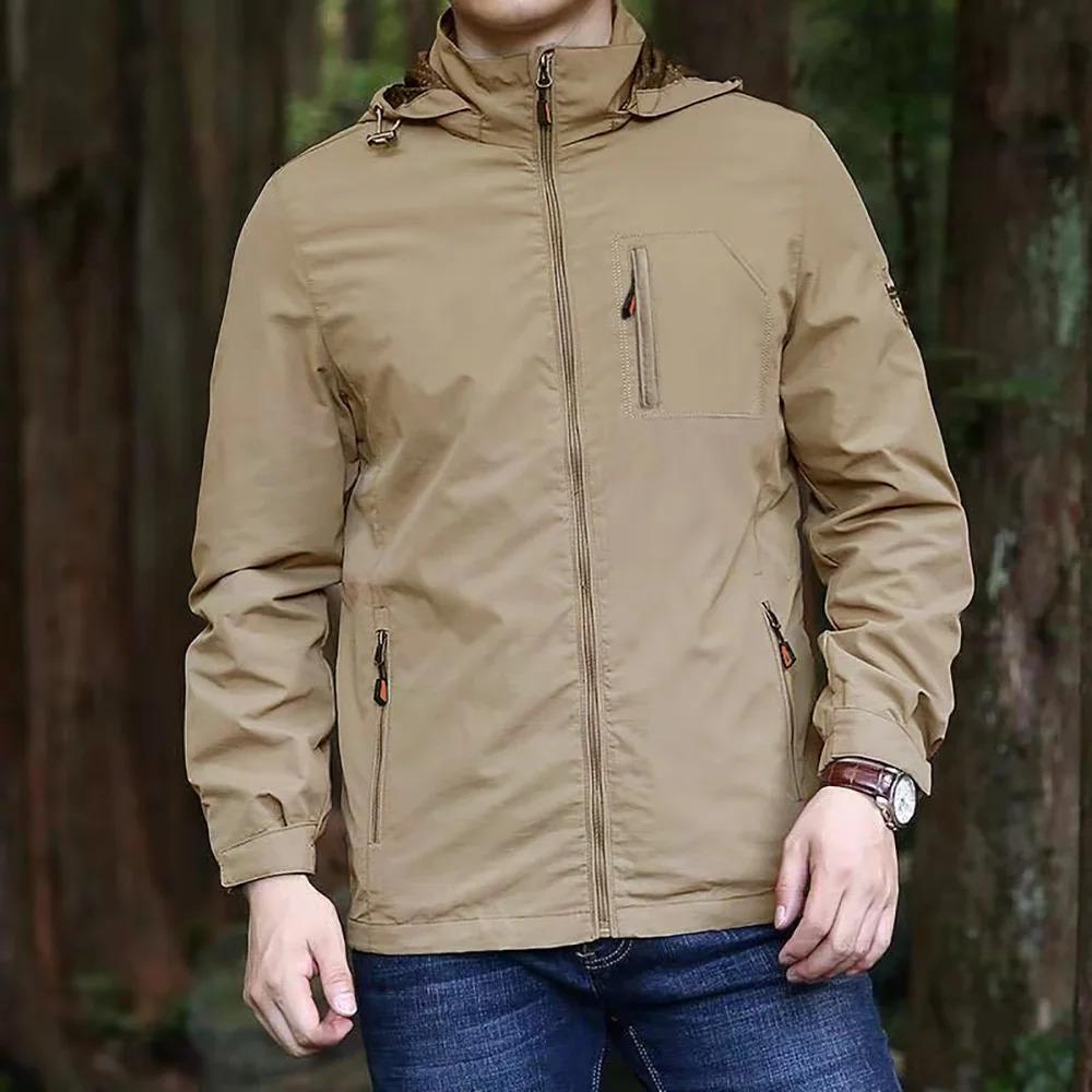 

Мужская куртка для активного отдыха, ветрозащитная, водонепроницаемая, с капюшоном, для кемпинга, скалолазания, однотонная, на молнии, стильная, походная куртка XXXL хаки