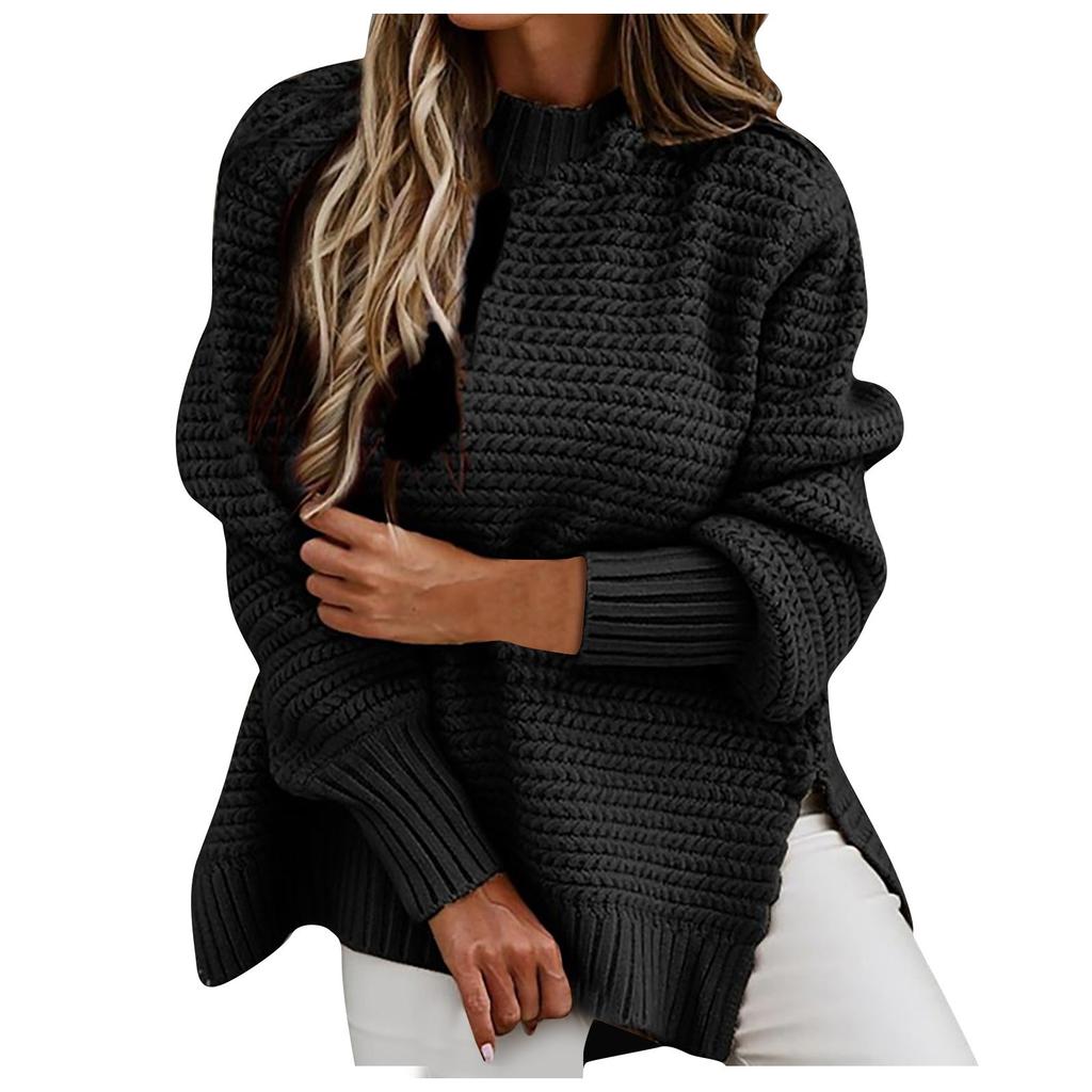 Damenmode Halber hoher Kragen Locker Einfarbig Langarm Dicke Nadel Seitenschlitz Strickpullover