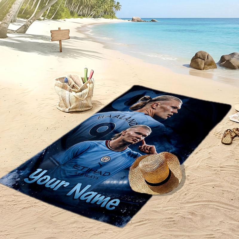 Asciugamano da Spiaggia Personalizzato Stampato Erling Haaland Logo Calcio Supporto Nome Personalizzato Testo Asciugamano Assorbente Per Sport Viaggio Regalo Speciale