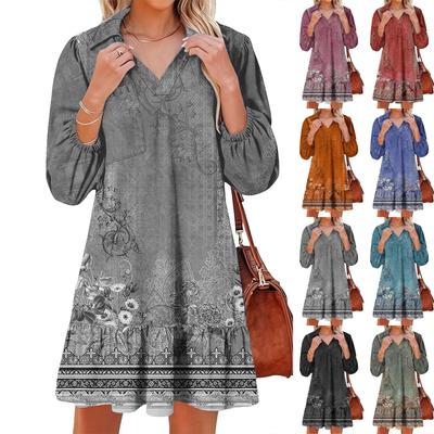 Women's Fashion Elegant Autmn And Winter Long Sleeve V,Neck Christmas Print Dress