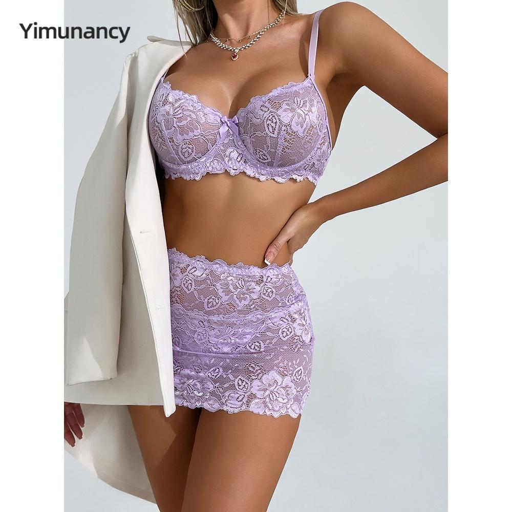 Yimunancy Lace Lingerie Set Women Transparent 3-Piece Erotic Thong Sexy Underwear Set