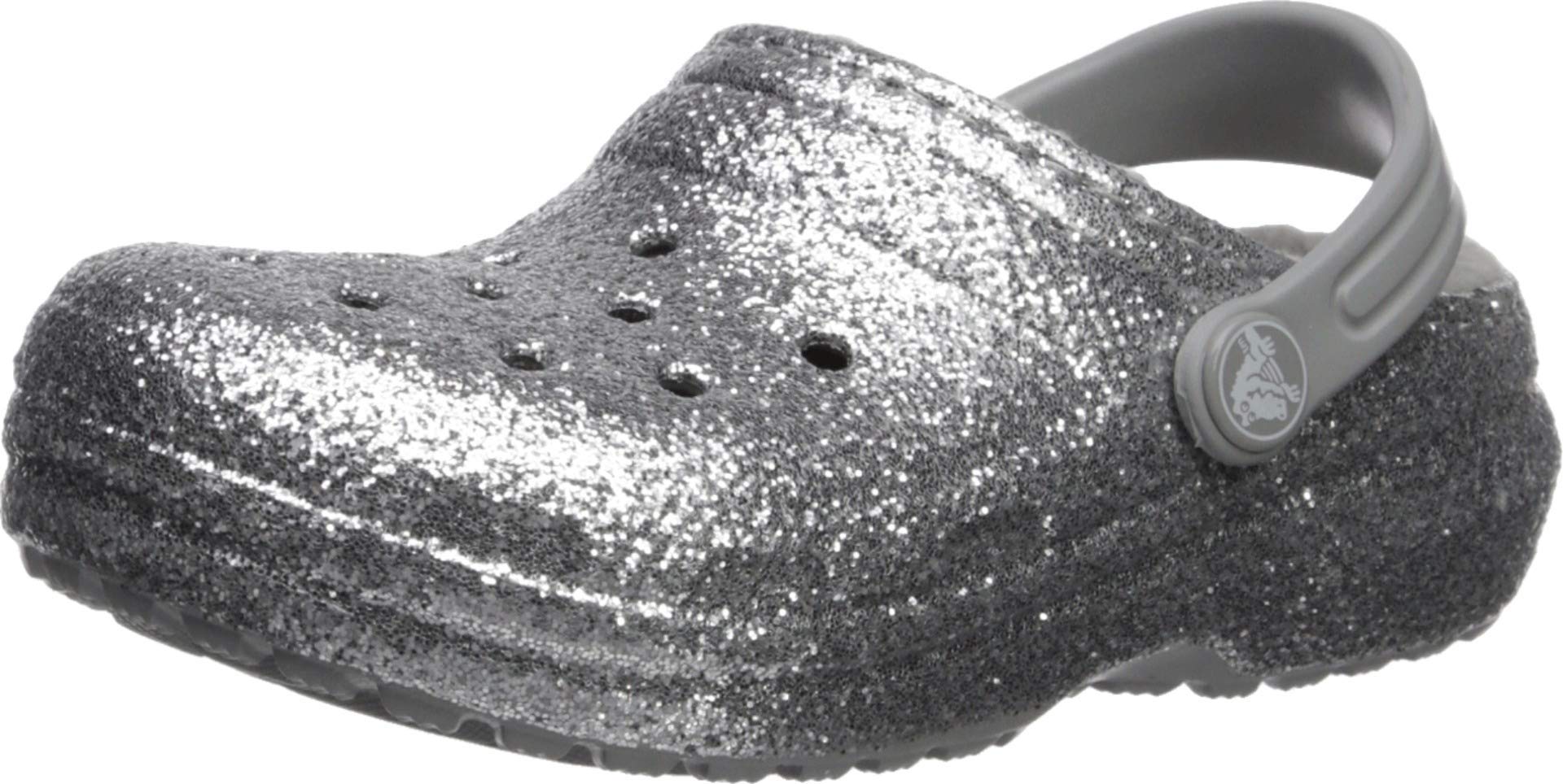 CROCS Классические сабо на меху Classic Glitter Lined, Детские и для девочек, Серебристый/Серебристый, 12 см