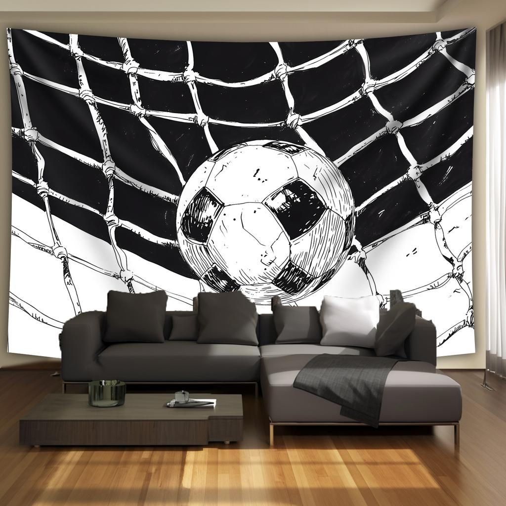 1pc Ultra Large Football Sketch Tapestry Black White Soccer Ball Art on Polyester Horizontal Wall Hanging for Living Room