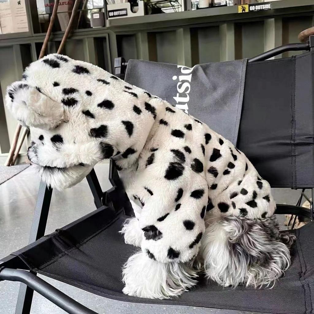 Winter New Pet Clothing White Leopard Dog Coat Warm Long Velvet Cap with Small Spots Small Dog and Cat Same Pet Fur Coat