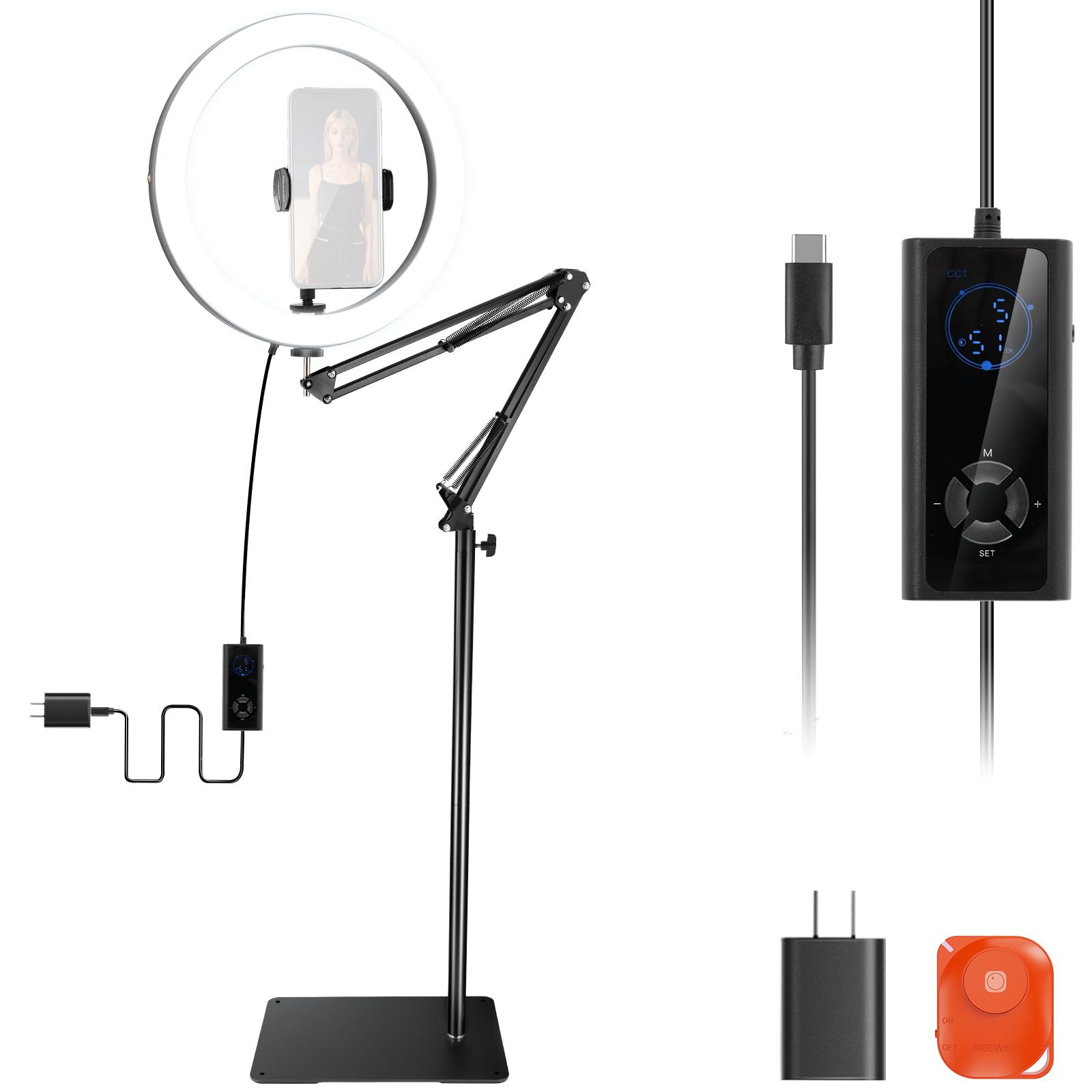 

NEEWER 12-inch LED Ring Light RH12B Overhead Shooting Light 24W Bi-Color Dimmable Smartphone Compatible Telescopic Stand USB C PD 2900K-7000K CRI97+