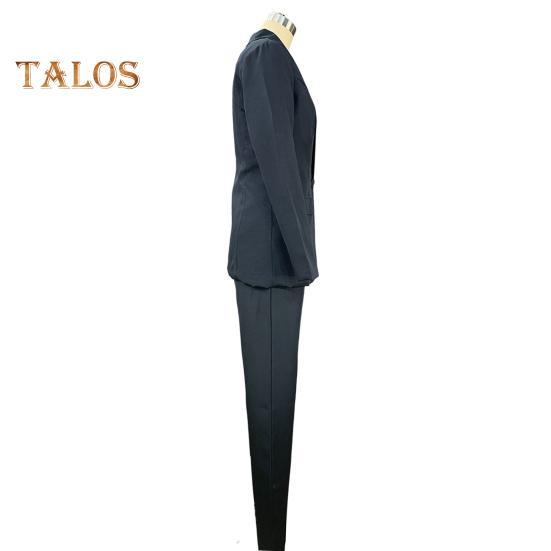 2 Pcs/Set Women Suit Coat Pants Set Deep V Neck Lapel Single Button Closure Mid Length Cardigan Long Sleeve Jacket Straight Trousers Lady Formal