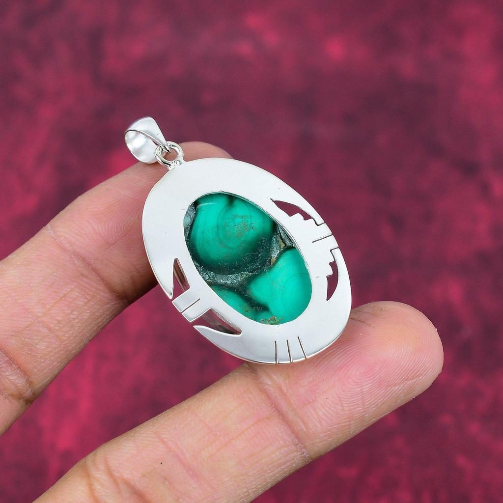 Malakithänge, 925 sterling silver hängsmycke. Gåva för kvinnor handgjorda hängsmycken ädelstenssmycken