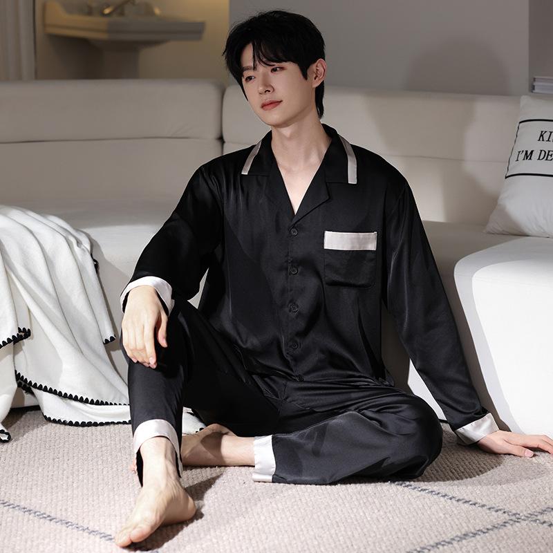 Ice Silk Pajamas Men'S Spring And Autumn Silk Summer Loungewear Long-Sleeved Men'S Striped Autumn Four-Season Large-Size Suit