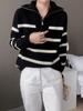 Korean Style Color Block Striped Cashmere Sweater with Half-Zip and Turn-Down Collar for Women