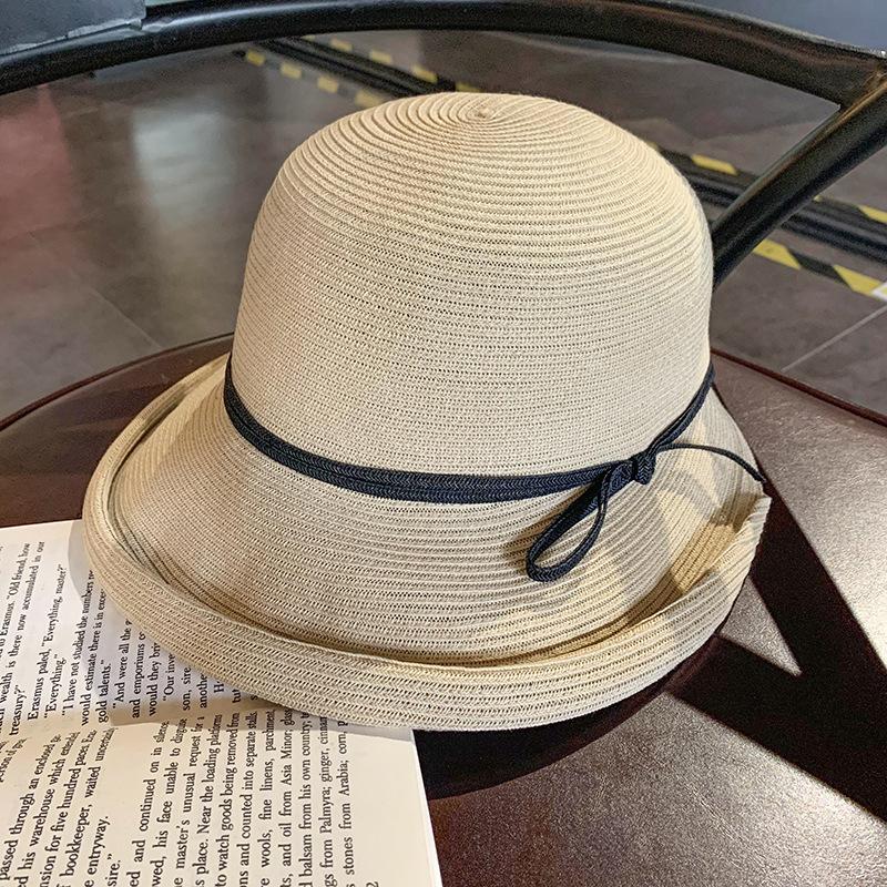 Straw hat women's summer Hepburn wind foldable sun hat face cover UV protection beach sun protection hat