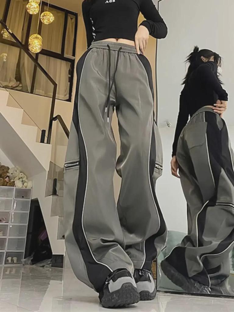 2024 Contrast Color Spring Zipper American Sports Casual Loose Pants for Men and Women