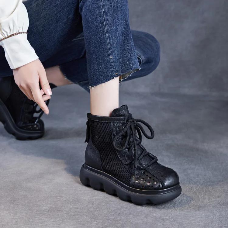 Johnature Genuine Leather Hollow-out Short Boots Mesh Breathable Thick Soled Women's Shoes